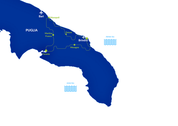 Mappa dell'anello in bicicletta Brindisi, Mesagne, Taranto, Martina Franca, Monopoli, Ostuni